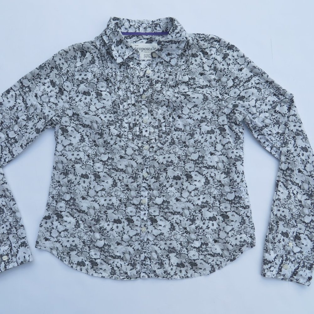 Aeropostale Shirt Women Button down shirt Floral Large NEW 100% Cotton Gray